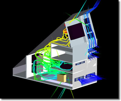 Results of the Flotherm simulation of the Thales VCC depicting streamlines throughout the chassis.