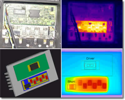 Top left - Photograph showing motor control unit internals<br>Top right - Infrared thermal camera image of the motor control unit<br>Bottom right - Flotherm simulation showing highest temperatures in same location as thermal camera<br>Bottom left - Detailed view of Flotherm model including copper tracks and transistors